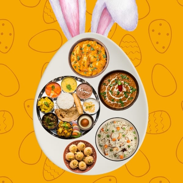 An Easter-themed image with bunny ears and a large egg-shaped plate of Indian thali, rice, and curries.