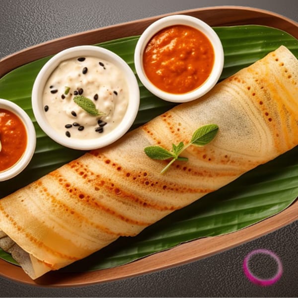 A golden-brown dosa, garnished with mint, served on a banana leaf with three bowls of chutney.