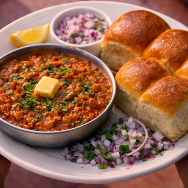 Pav Bhaji, a Mumbai street food, with a lemon wedge, chopped onions, and buttered pav buns.