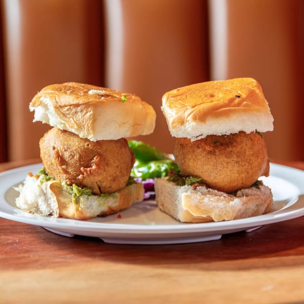 Two vada pavs, Indian potato fritter sliders, with green chutney on a white plate.